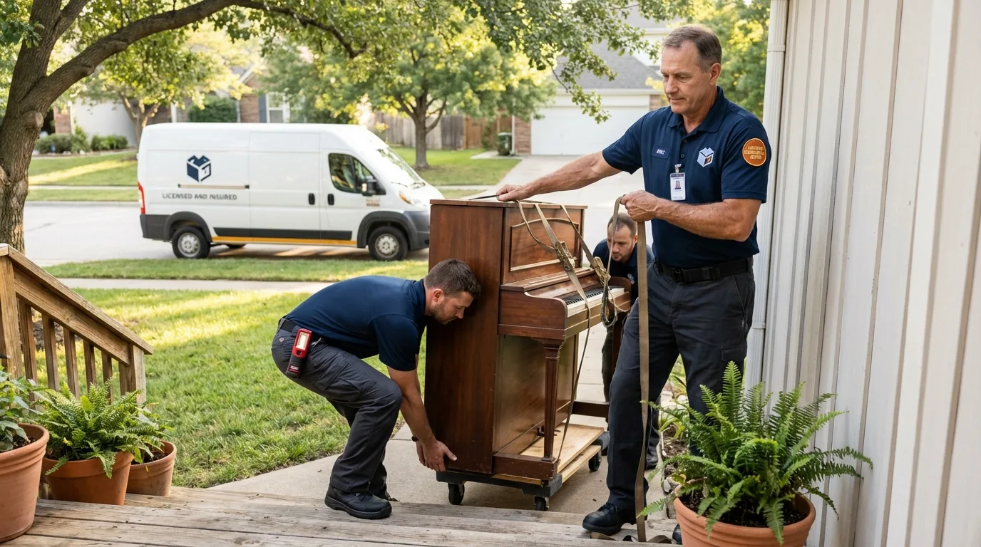 Licensed piano movers securing grand piano in Woodhaven, NY