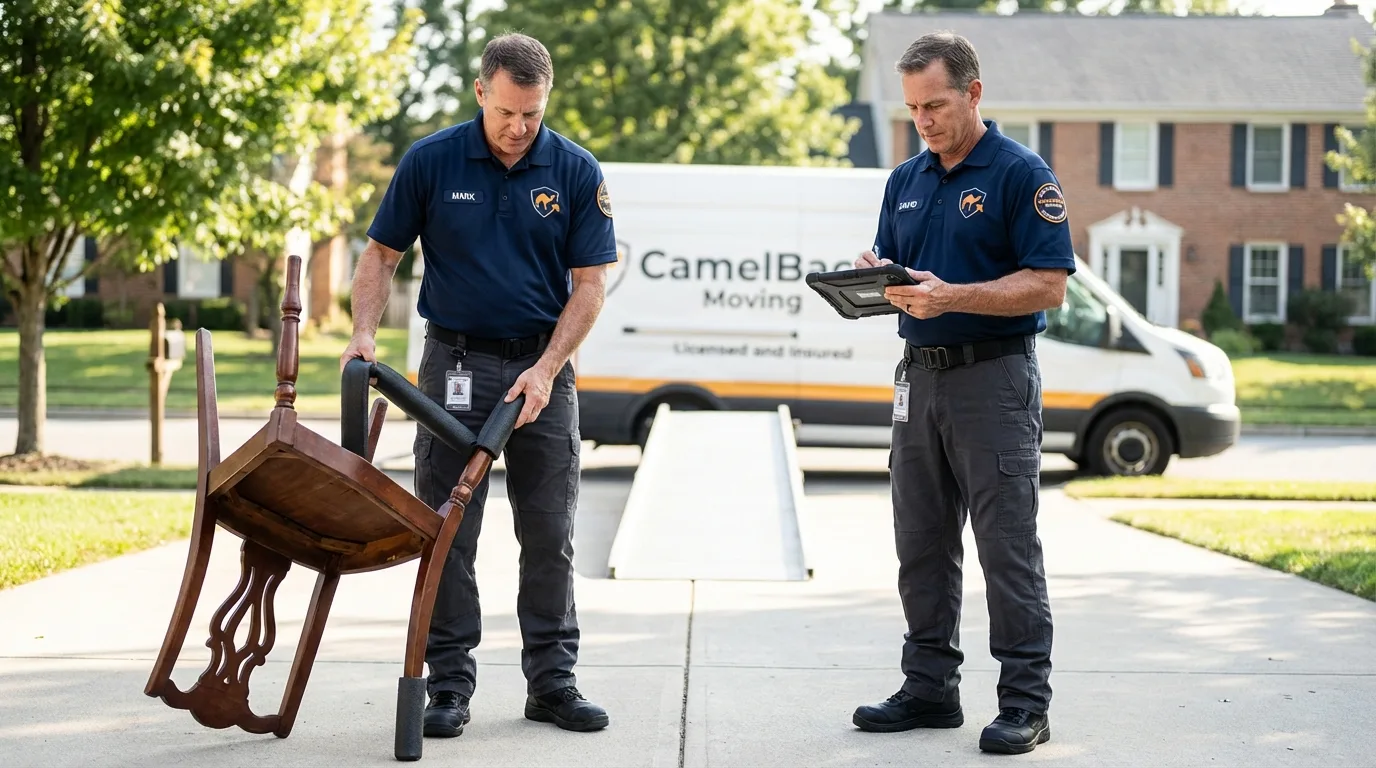 Movers inspecting furniture for damage prevention before loading in Woodhaven, NY