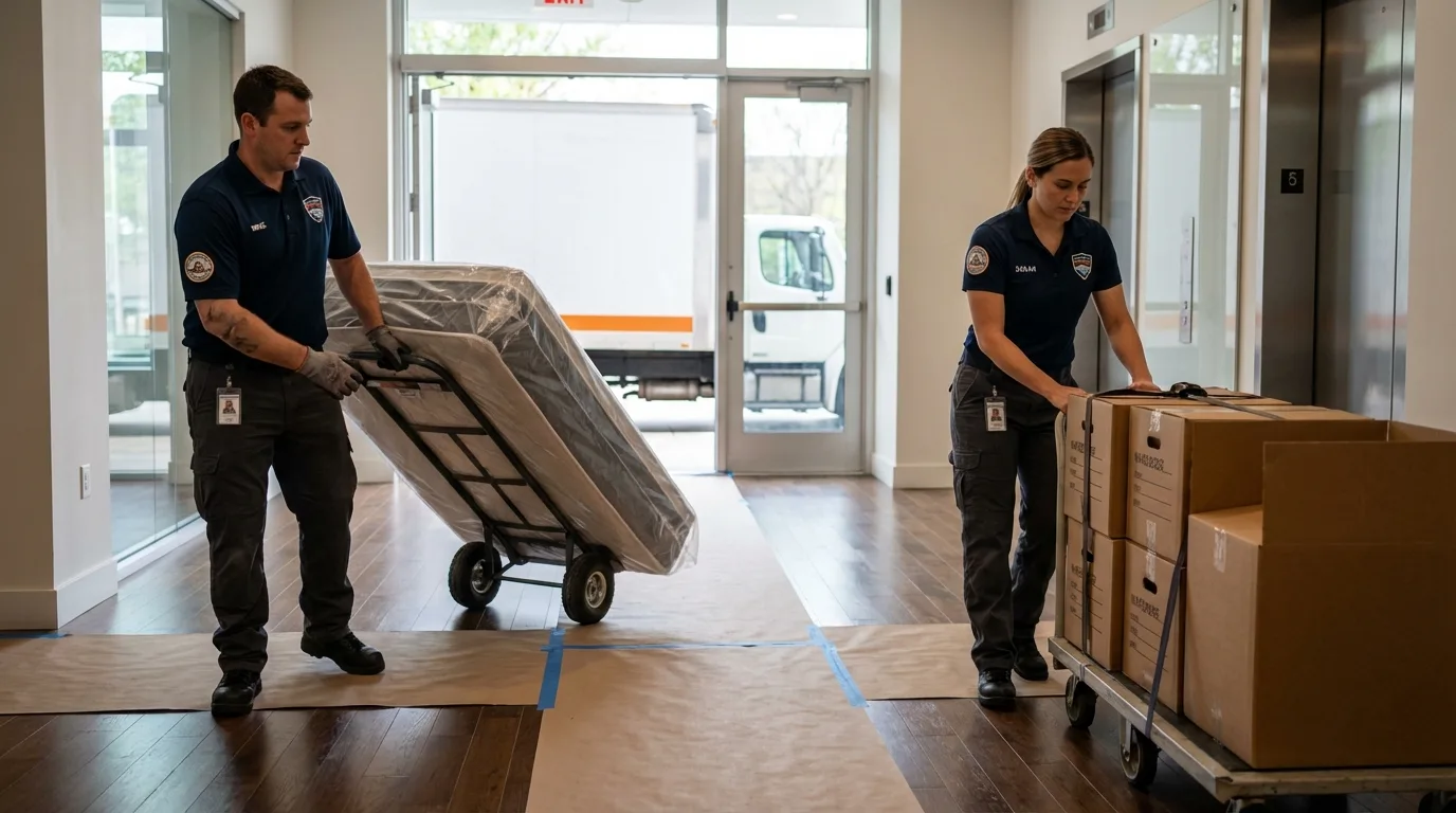 Professional apartment movers loading elevator in Woodhaven, NY
